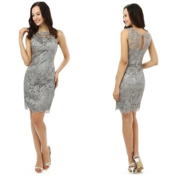 ADRIANNA PAPELL Illusion Neck Lace Sheath Dress Silver Blue Womens 6 - Picture 1 of 11
